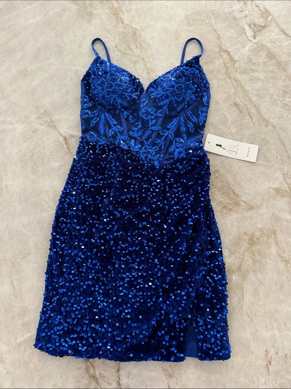 Royal Blue Sequin & Lace Mini Dress
